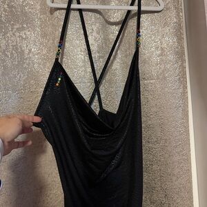 Black Coogi Logo Strappy Dress with Colorful Beads